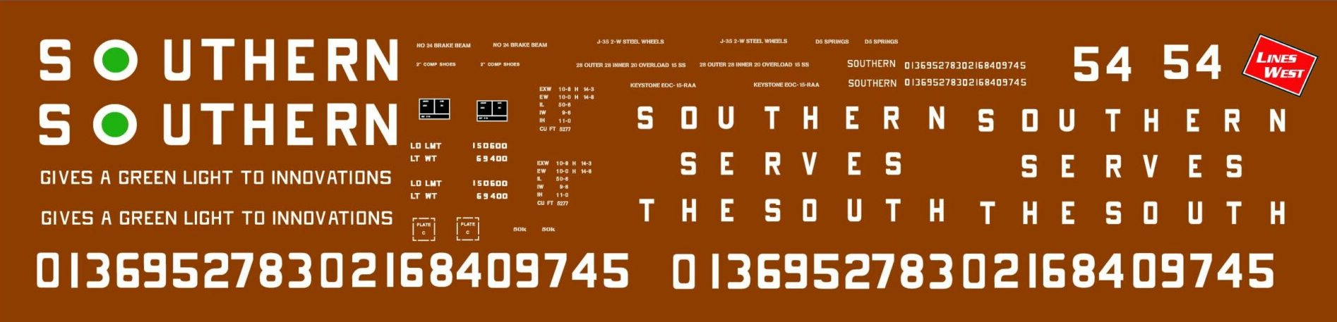 Decals for Southern Double Door Waffle boxcar with repainted Green Light scheme